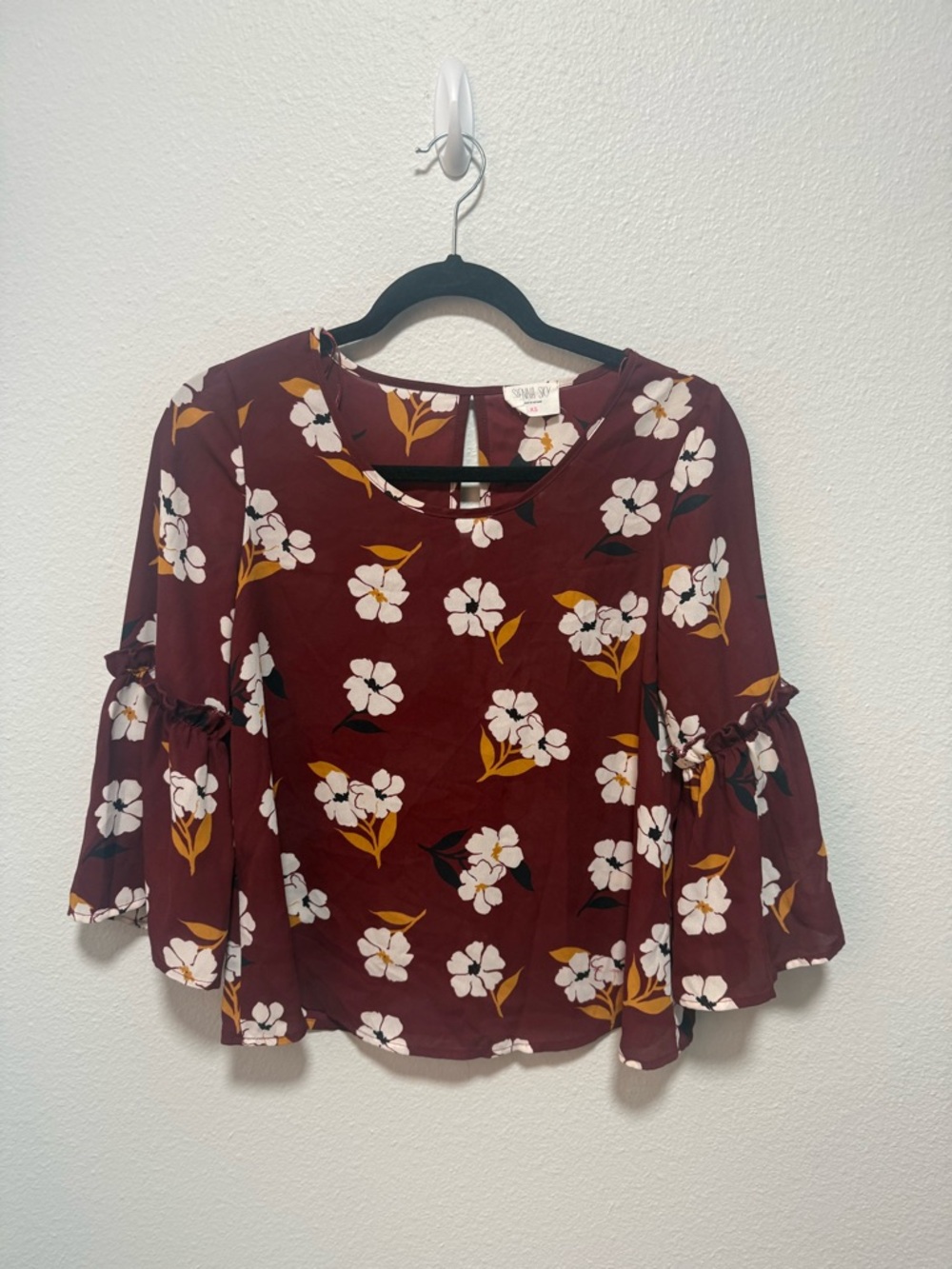 Sienna Sky Burgundy White Floral Ruffle Sleeve Blouse Size X Small